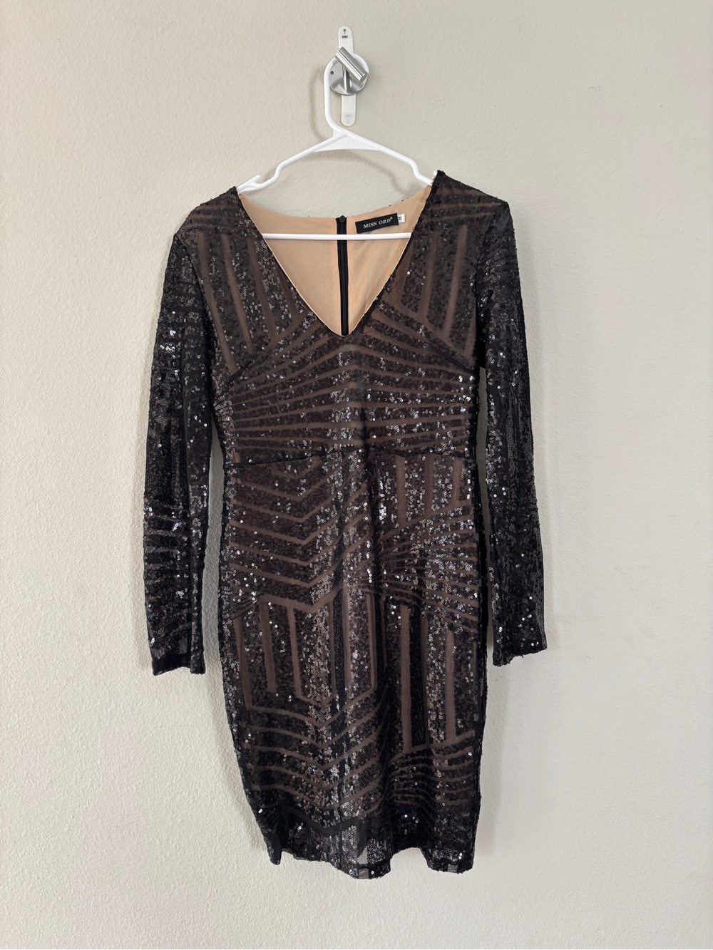 Miss Ord Black Nude Sequin Bodycon Mini Dress Size M